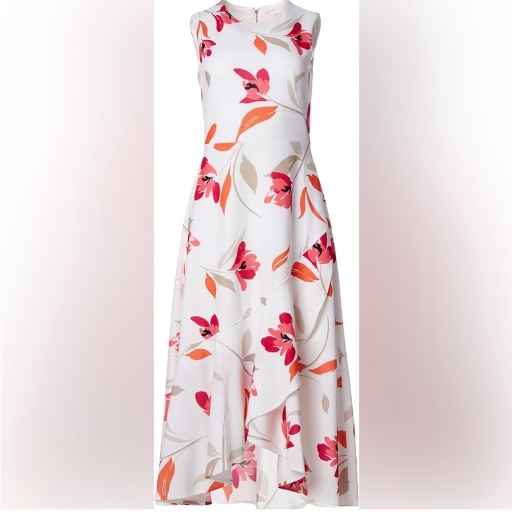 Calvin Klein Pink Floral High-Low Flounce Midi Dress 12 Sleeveless Maxi Elegant